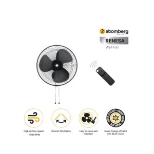 100-1 atomberg Renesa 400mm Wall Fan | Silent BLDC Fan | Remote with Timer & Sleep Control | 1+1 Year Warranty (Midnight Black)