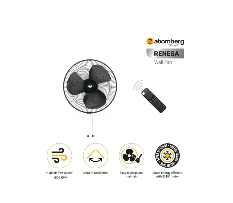 100-1 atomberg Renesa 400mm Wall Fan | Silent BLDC Fan | Remote with Timer & Sleep Control | 1+1 Year Warranty (Midnight Black)
