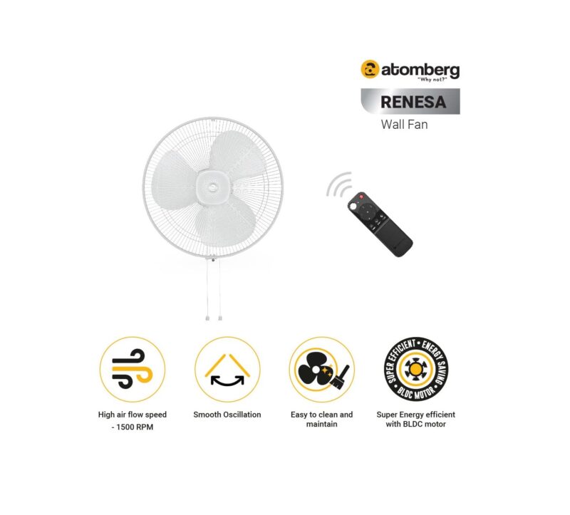 atomberg Renesa 400mm Wall Fan | Silent BLDC Fan | Remote with Timer & Sleep Control (Snow White)