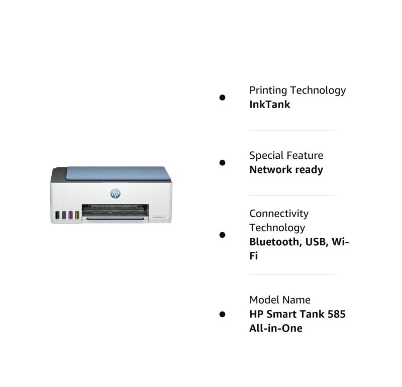 HP Smart Tank 585 All-in-one WiFi Colour Printer (Upto 6000 Black and 6000 Colour Pages Included in The Box). - Print, Scan & Copy for Office/Home