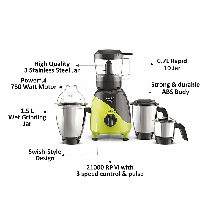 MG-247_4 Preethi Peppy Pro MG 247, 750 Watts, 4 Jars with Unique Rapid 10 Chopping Jar(Green/Black)