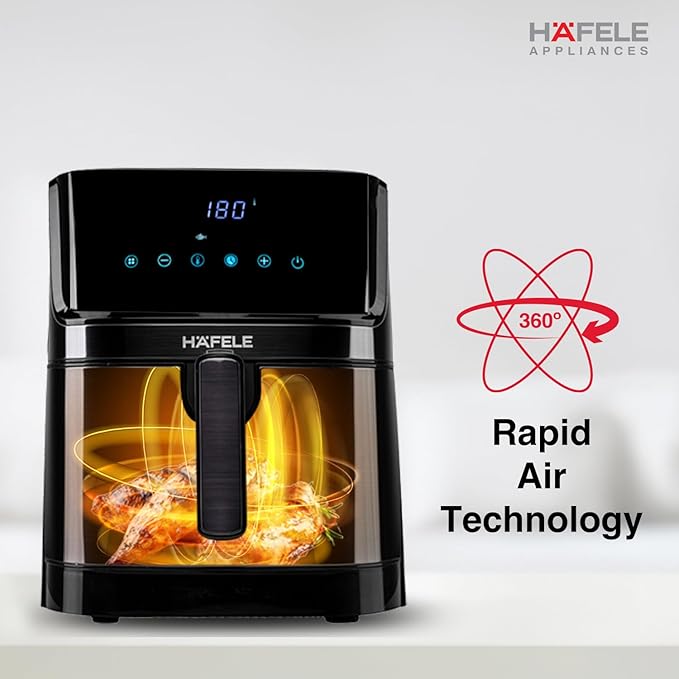 Hafele NOIL 6.3L Digital Air Fryer with 360° Rapid Air Circulation Technology & Touch Panel, Uses 90% Less Oil, 8 Preset Menus, Non-Stick Basket with 6.3 L Capacity,1700W, (Black)