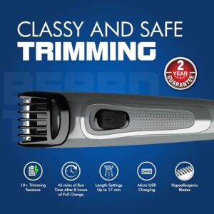 Havells Bt5100C Rechargeable Beard Trimmer with Hypoallergenic Blades; Zero Trim with 0.5 Mm Precision;Upto 17Mm Length Setting for All Styles; 45 Min Runtime,Battery Powered Black & (Grey)-Men