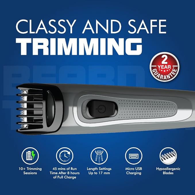 Havells Bt5100C Rechargeable Beard Trimmer with Hypoallergenic Blades; Zero Trim with 0.5 Mm Precision;Upto 17Mm Length Setting for All Styles; 45 Min Runtime,Battery Powered Black & (Grey)-Men