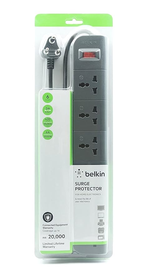 61JZ3iJzqaL._SY879_ Belkin 6-Socket Surge Protector Universal Socket with 6.5ft (2-Meter) Heavy Duty Cable Overload Protection, Extension Cord Comes with 5 Years Manufacturer Warranty, Grey Color
