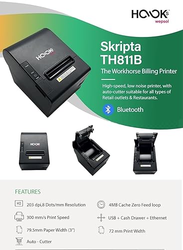 Wepsol Hooks Skripta 3" Auto Cutter Thermal Receipt POS Printer (USB + Ethernet LAN + RJ12 Cash Drawer Port)