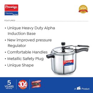 Prestige Nakshatra Alpha Stainless Steel Inner Lid Pressure Cooker, 5 Litres, Stainless Steel, 5 Liter