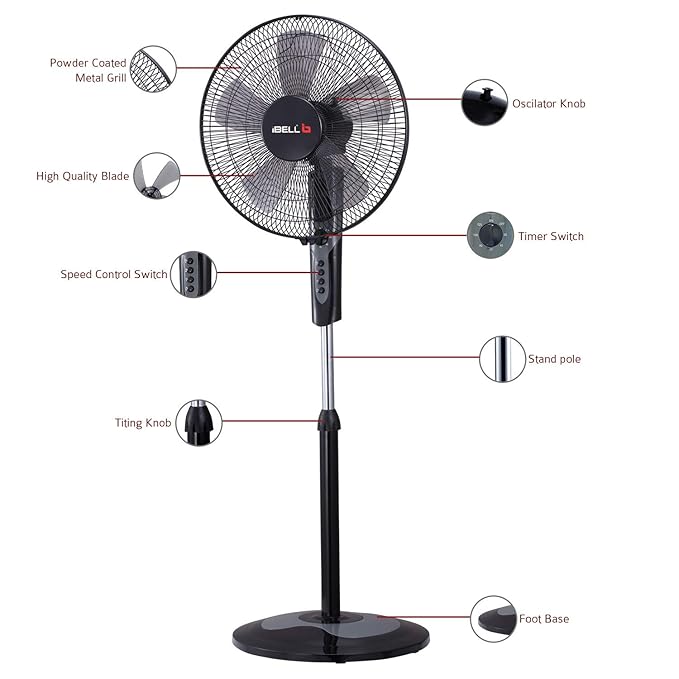 71EHti63I7L._SX679_ IBELL CHROME10 5 Leaf Pedestal Fan with Timer. High Speed motor - Black