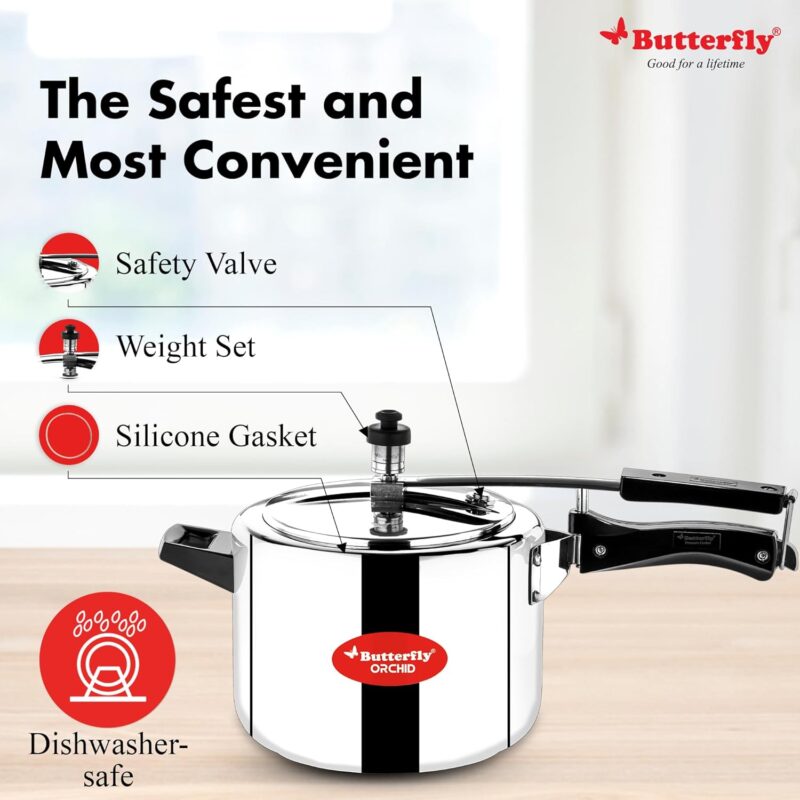 71H1nL+AKDL._SL1500_ Butterfly Orchid 5 Litres Pressure Cookers | Inner Lid | Superior Stainless Steel | Induction & Gas Stove Compatible | ISI Certified | 5 Years Manufacturer's Warranty | Silver