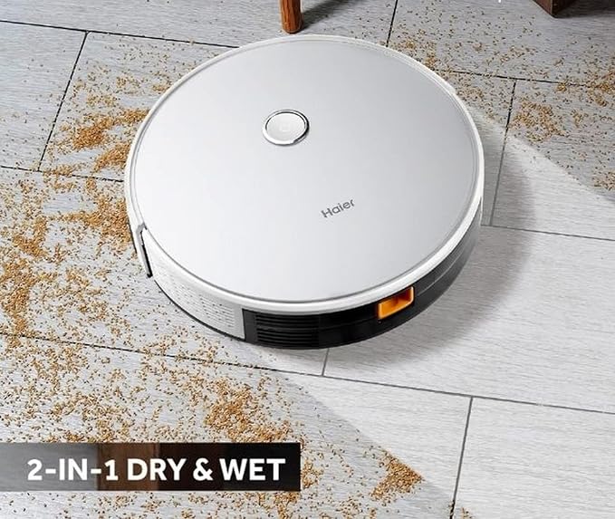 71UaKNJjDUL._SX679_ Haier Robot Vacuum Cleaner with Wet Mopping, 2-in-1 with App & Voice Control, Auto Recharge, Strong 2200 PA Suction, and Long Life 2600 Battery, 1.6 Hours, Silver