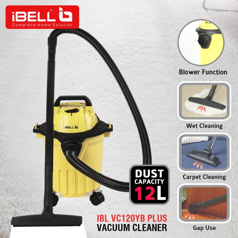 IBELL VC120YBPLUS Vacuum Cleaner, 12L Barrel, 1200W, Wet and Dry Blowing & Suction, High Efficiency Filter (Yellow)