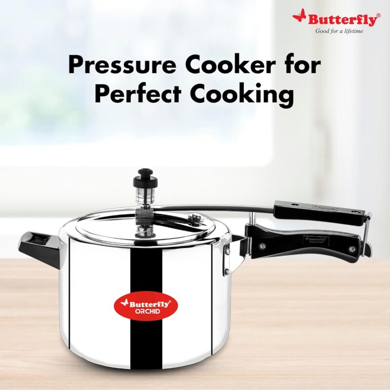 71heE9SSF+L._SL1500_ Butterfly Orchid 5 Litres Pressure Cookers | Inner Lid | Superior Stainless Steel | Induction & Gas Stove Compatible | ISI Certified | 5 Years Manufacturer's Warranty | Silver