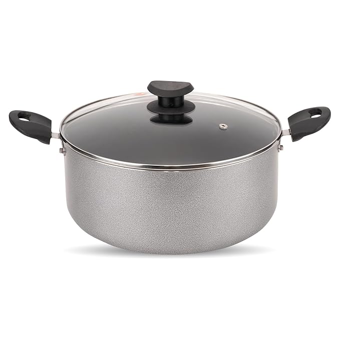 NAVRANG Nonstick Biryani & Stew Pot – 7.7 Litre with Glass Lid | 28 cm Multipurpose Aluminum Cooking Handi | Non-Induction | Grey