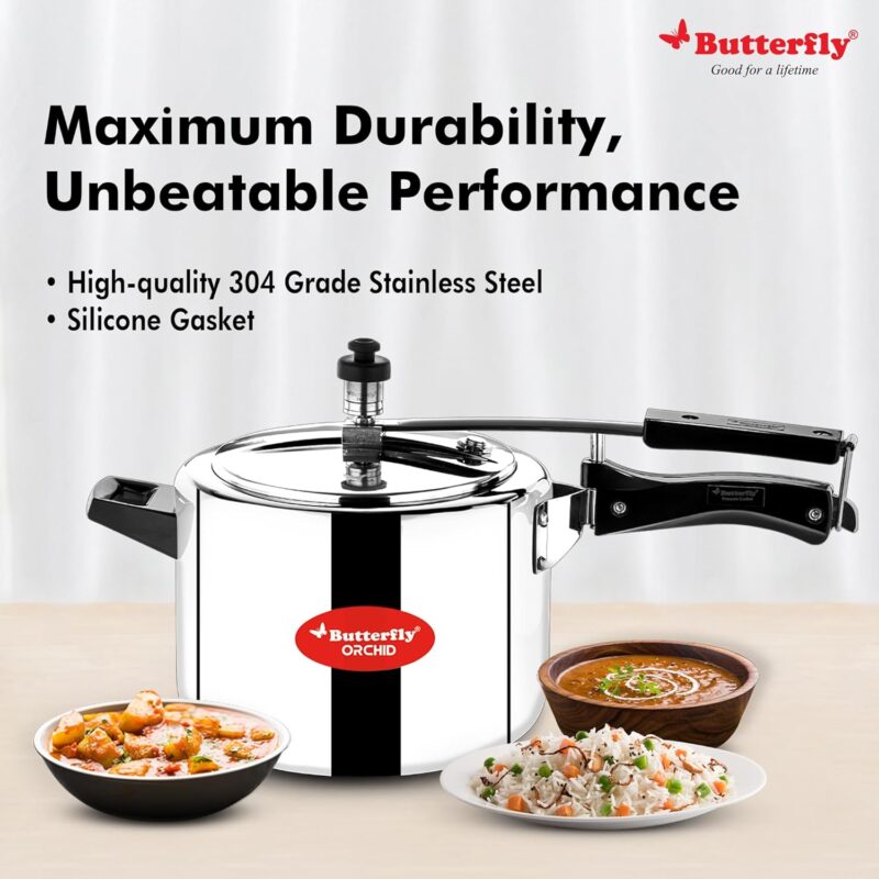 71tu-yTTslL._SL1500_ Butterfly Orchid 5 Litres Pressure Cookers | Inner Lid | Superior Stainless Steel | Induction & Gas Stove Compatible | ISI Certified | 5 Years Manufacturer's Warranty | Silver