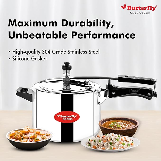 71tu-yTTslL._SX679_ Butterfly Orchid 5 Litres Pressure Cookers | Inner Lid | Superior Stainless Steel | Induction & Gas Stove Compatible | ISI Certified | 5 Years Manufacturer's Warranty | Silver