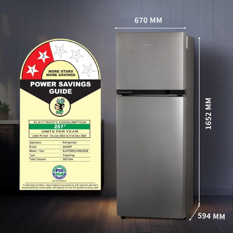813esBDY1jL._SL1500_ SHARP 265 L Frost Free Double Door 2 Star Refrigerator |Japan 7 Shield Protection|Hi-Tech Inverter | (Silver Hairline, SJ-FF305V2-PSH)