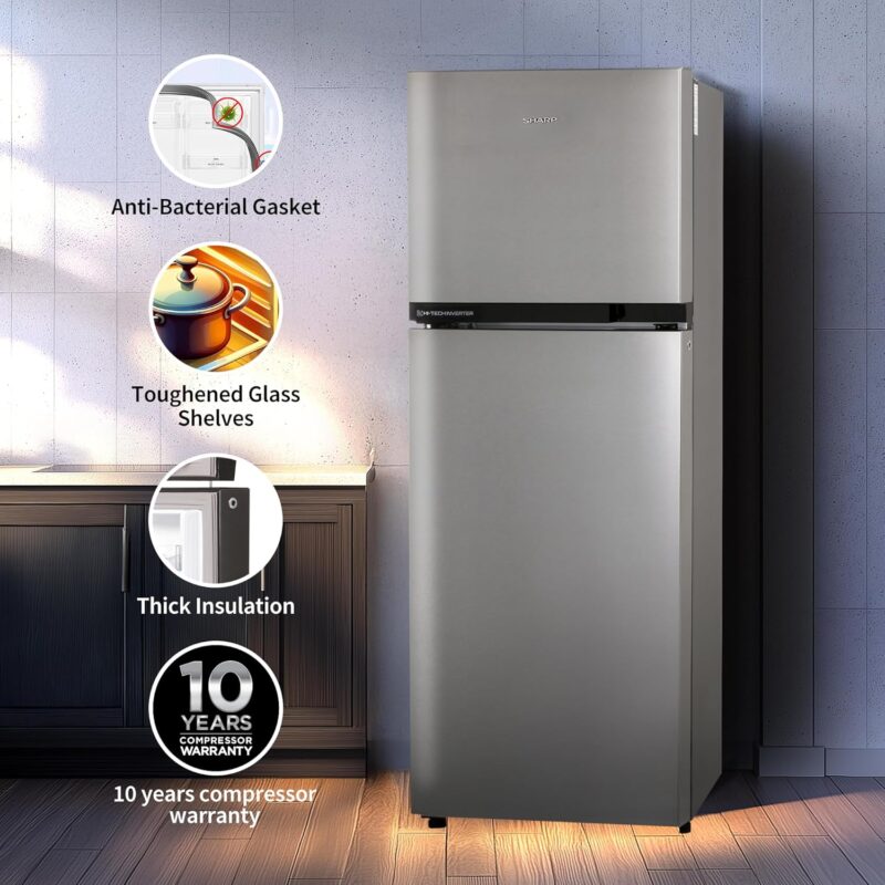 813prFsnf1L._SL1500_ SHARP 265 L Frost Free Double Door 2 Star Refrigerator |Japan 7 Shield Protection|Hi-Tech Inverter | (Silver Hairline, SJ-FF305V2-PSH)
