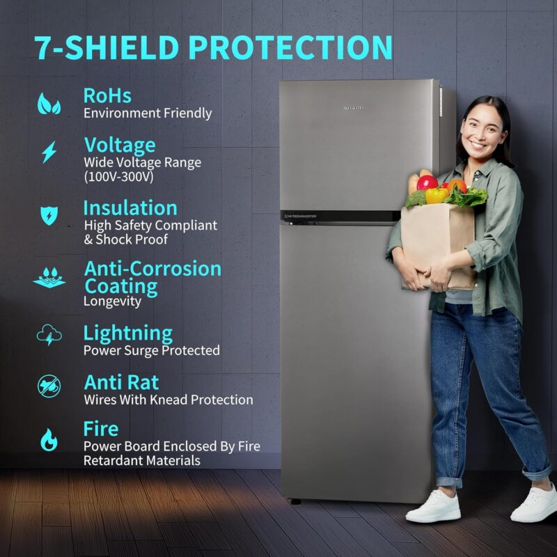 81NZbCrIvcL._SL1500_ SHARP 265 L Frost Free Double Door 2 Star Refrigerator |Japan 7 Shield Protection|Hi-Tech Inverter | (Silver Hairline, SJ-FF305V2-PSH)