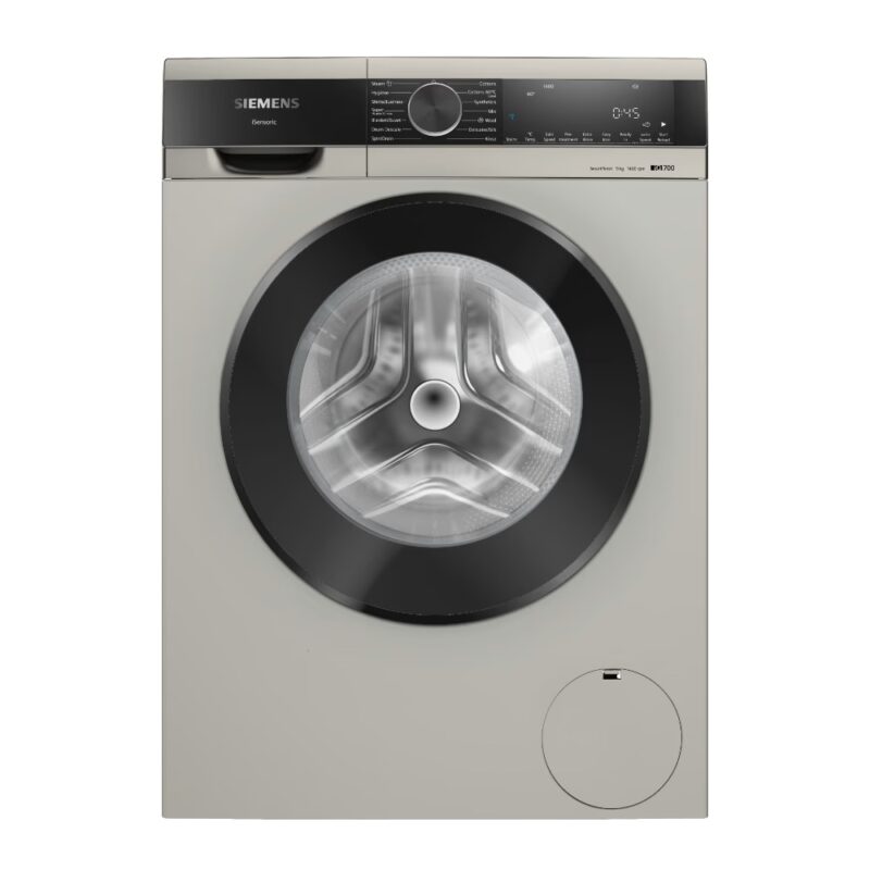 fsdf Siemens WG44A20XIN IQ700 Silver Inox 9Kg 1400 RPM Large LED Touch Display 60 Liters Soft Care Drum AI Active Water Plus with 256 Sensing Levels Front Load Washing Machine